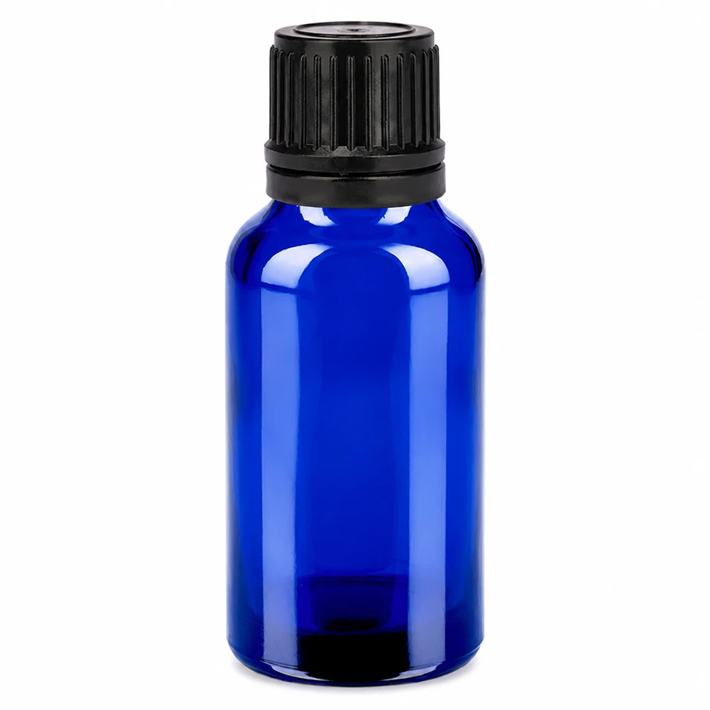20ml fles 11mm SV zwart OV BlueLine UT18/20 Compact flesje van 20 ml met gegroefde zwarte dop voor het veilig bewaren van vloeistoffen