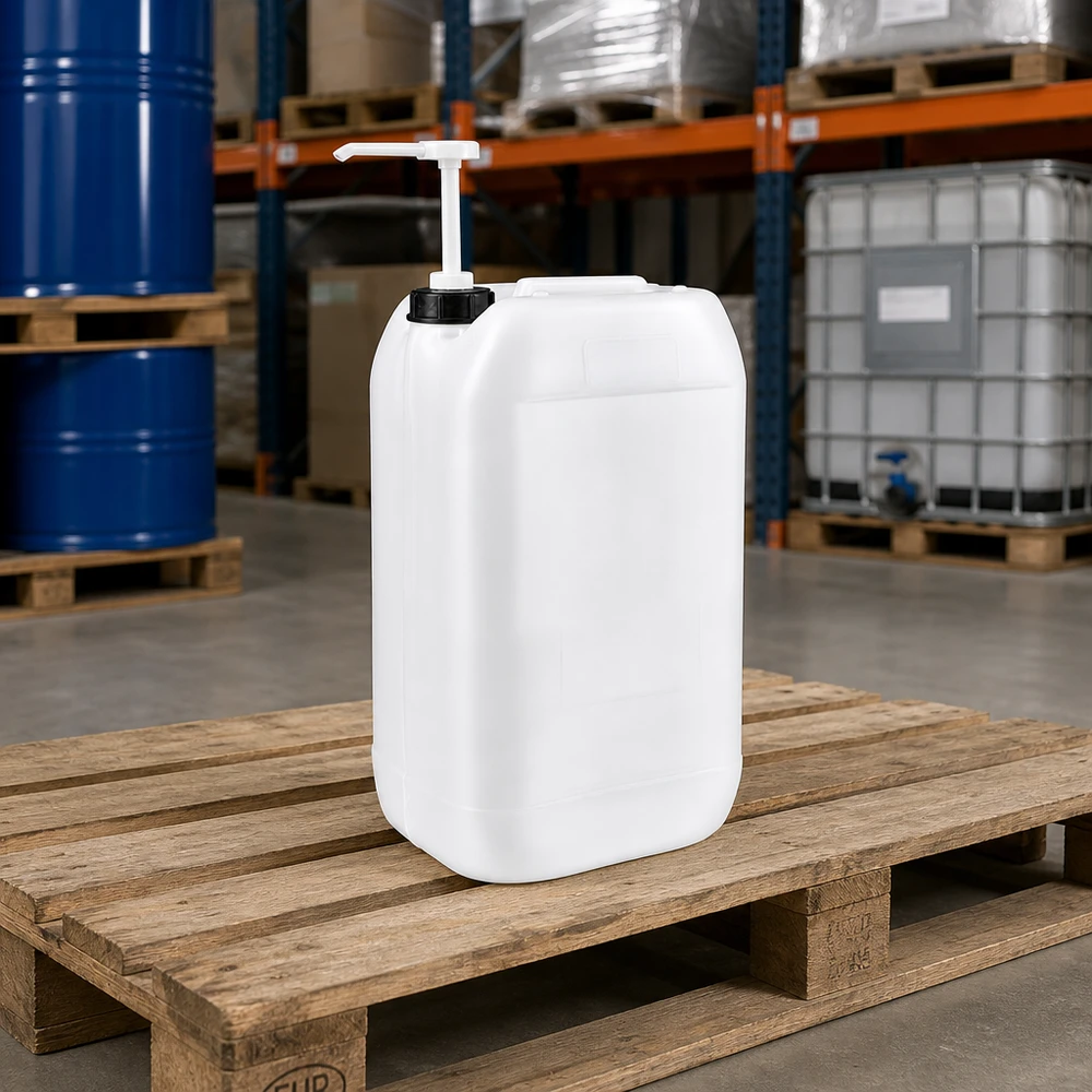 15L-jerrycan met zwarte dop en doseerpomp voor opslag op stellingen met IBC-container