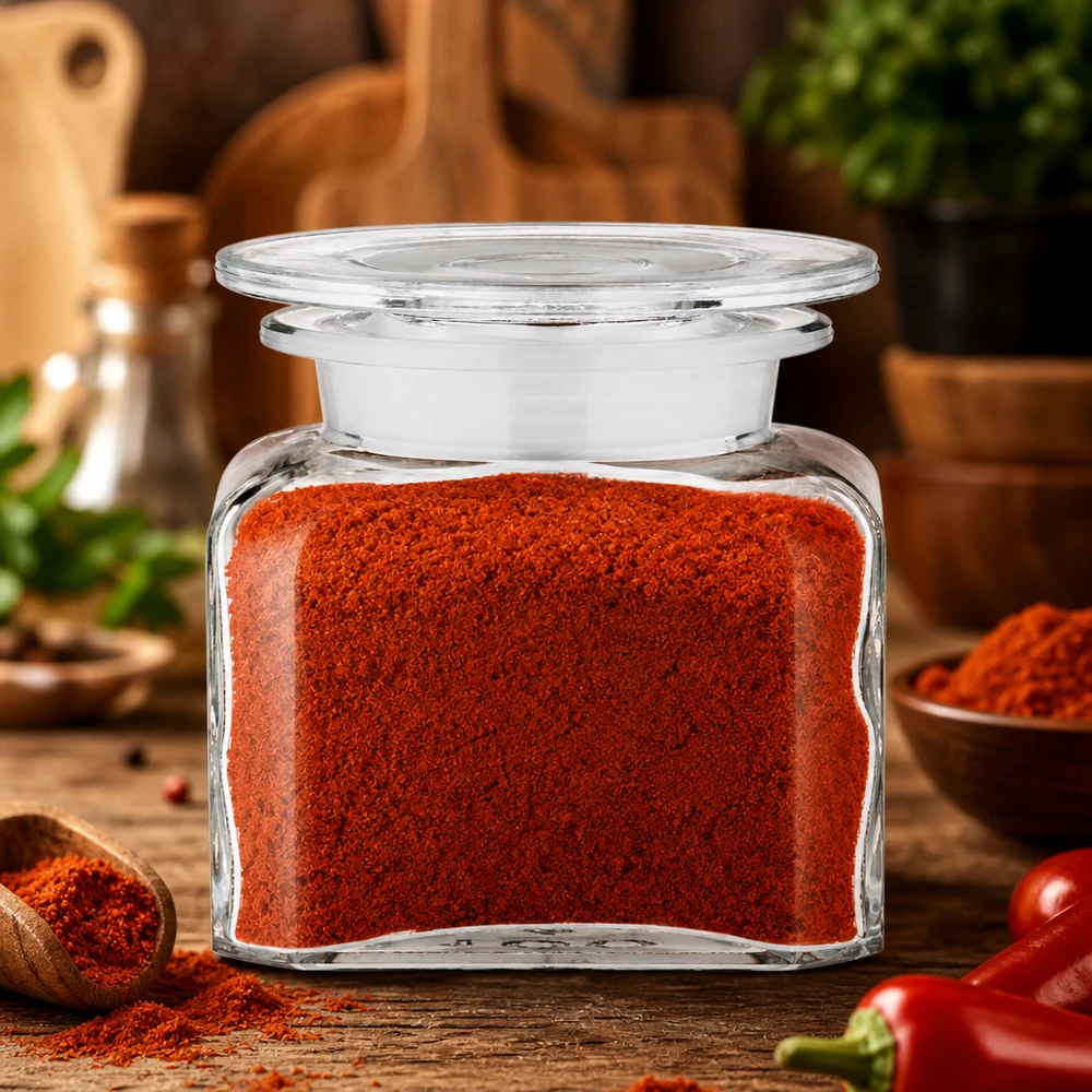 Glazen kruidenpotje van 100 ml met intens rode paprika, omringd door houten plankjes en kruiden