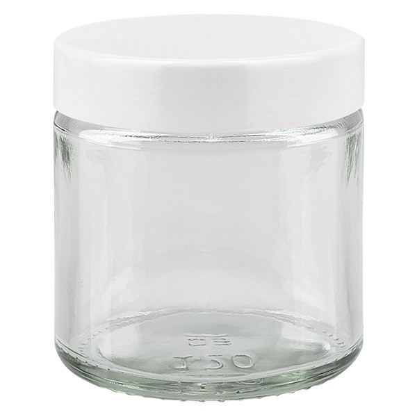 120ml helder glazen potje met wit bakelieten deksel ApoGlas 120ml helder glazen potje met wit bakelieten deksel ApoGlas