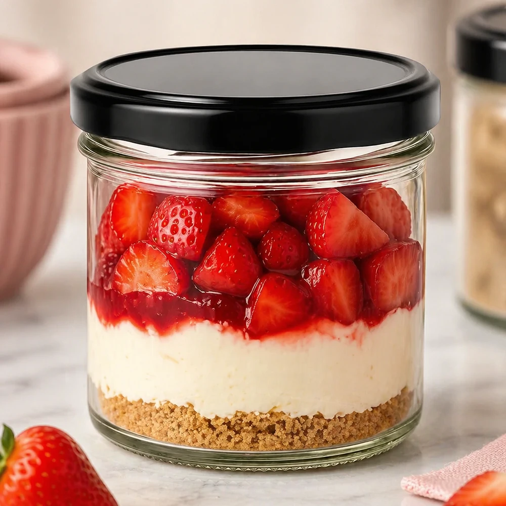 125 ml bekers met zwart BasicSeal deksel als dessertpotje met aardbeien, room en cheesecake op biscuitbasis