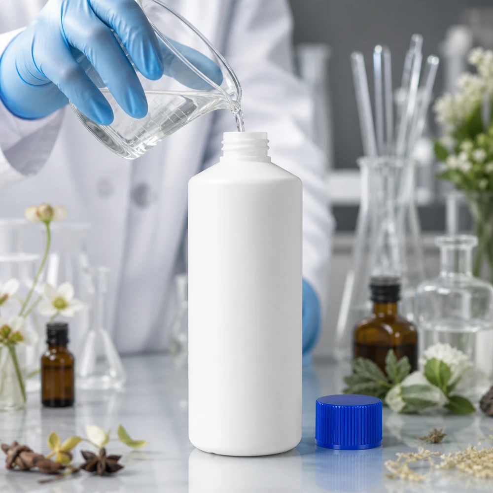Apotheekfles van HDPE, 100 ml, wit, met kindveilige blauwe dop, voor gebruik in een laboratoriumomgeving