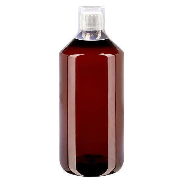 1000ml PET medicijnfles - schroefsluiting VR wit - doseerbeker 30ml blank 1000ml PET medicijnfles - schroefsluiting VR wit - doseerbeker 30ml blank