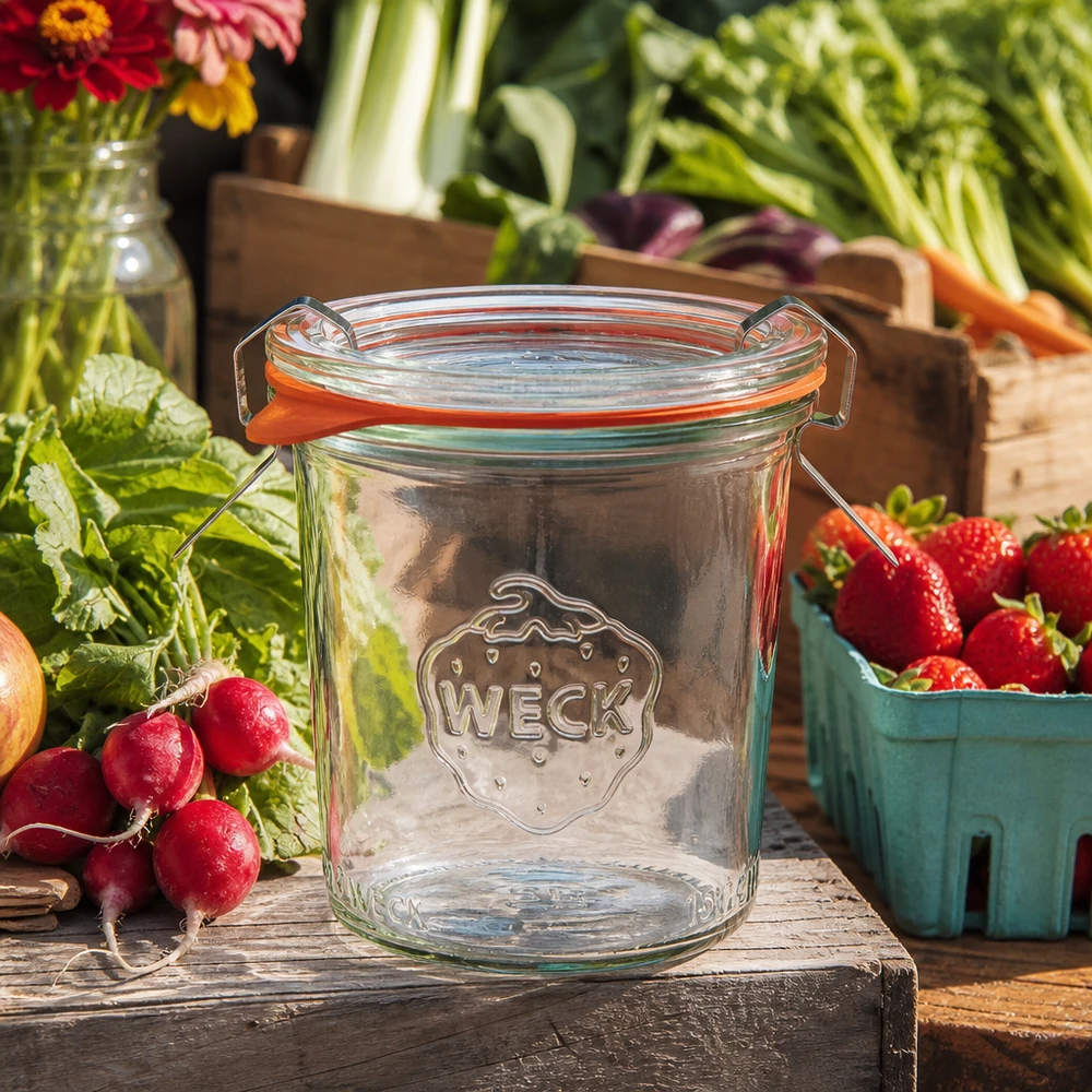 WECK 160ml bekers RR60 leeg met swing top tussen verse groenten en fruit op een rustieke houten tafel