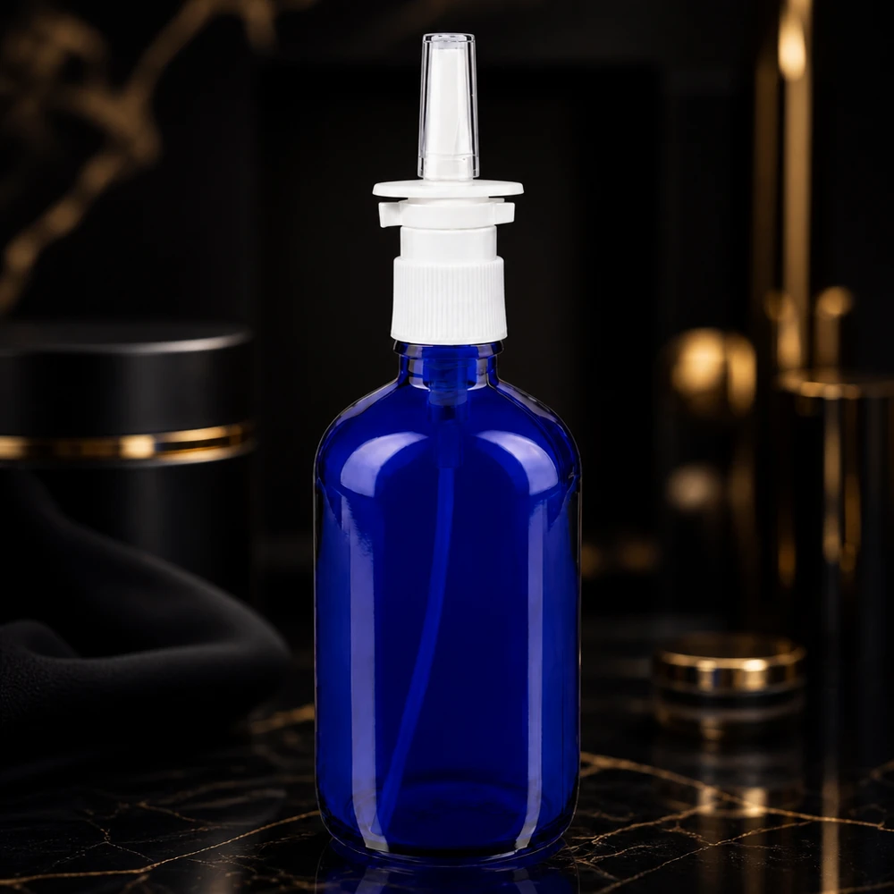 Apotheekkwaliteit: neussprayflesje van 100 ml van kobaltblauw UV-bestendig glas met pompje