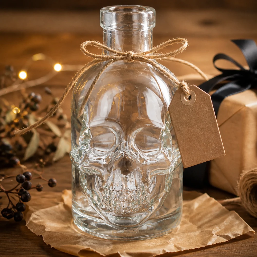 200 ml glazen fles Jack schedel geschenkverpakking met jute strik en hanger rustieke decoratie