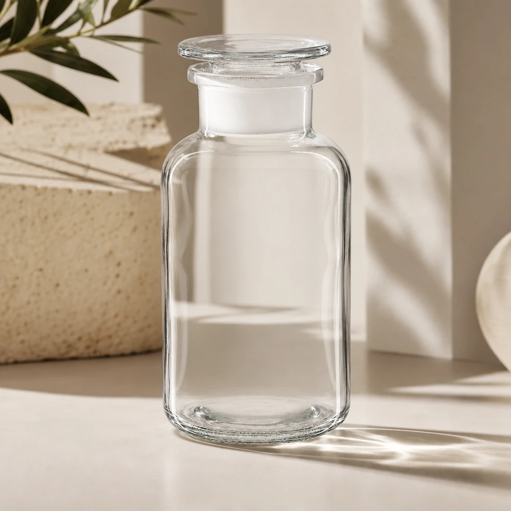 Glazen fles van 500 ml met brede hals en geslepen stop, zuurbestendig voor chemische oplossingen