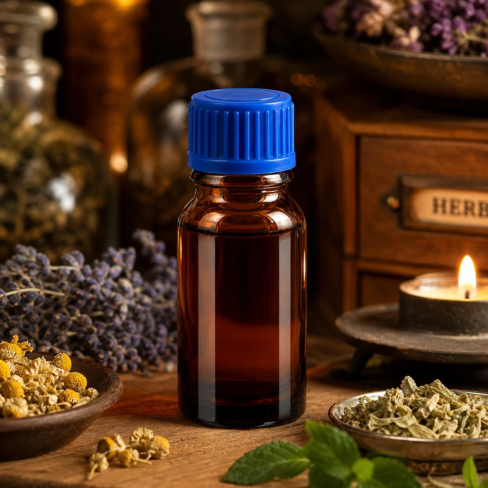 Klein bruin glazen flesje 10ml met blauw deksel ideaal voor doe-het-zelf cosmetica en natuurlijke producten