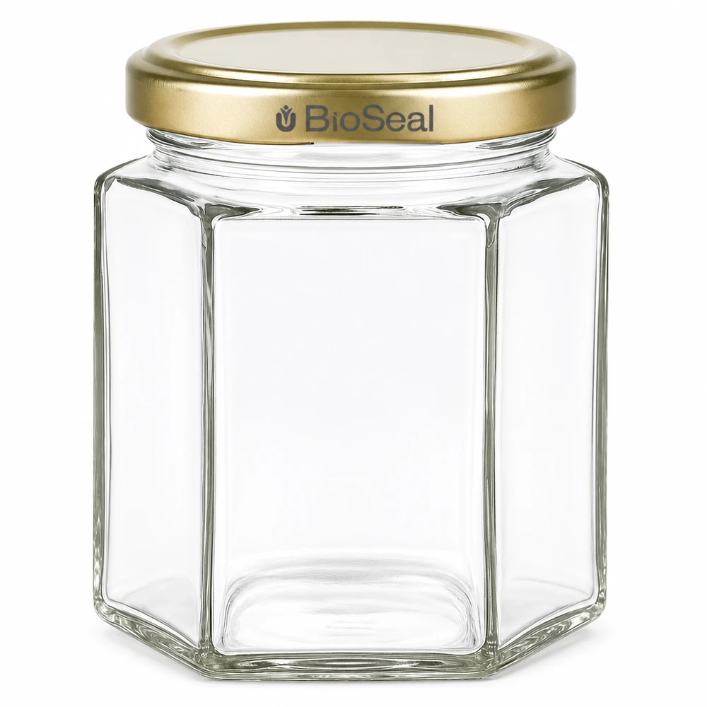 Honingpot 250g zeshoekig met gouden BioSeal schroefdeksel lege transparante glazen pot voor honing