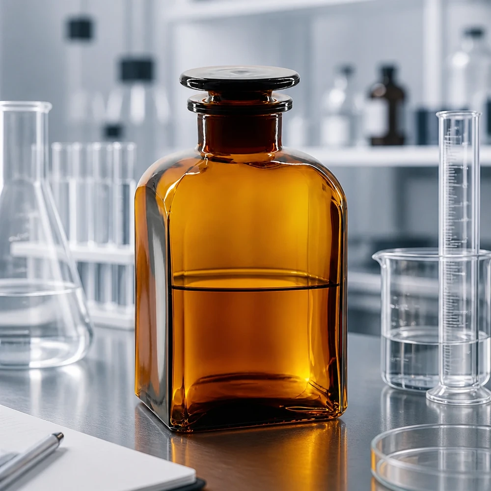 Vierkante apothekersfles van 500 ml, amberkleurig, met brede hals en glazen dop