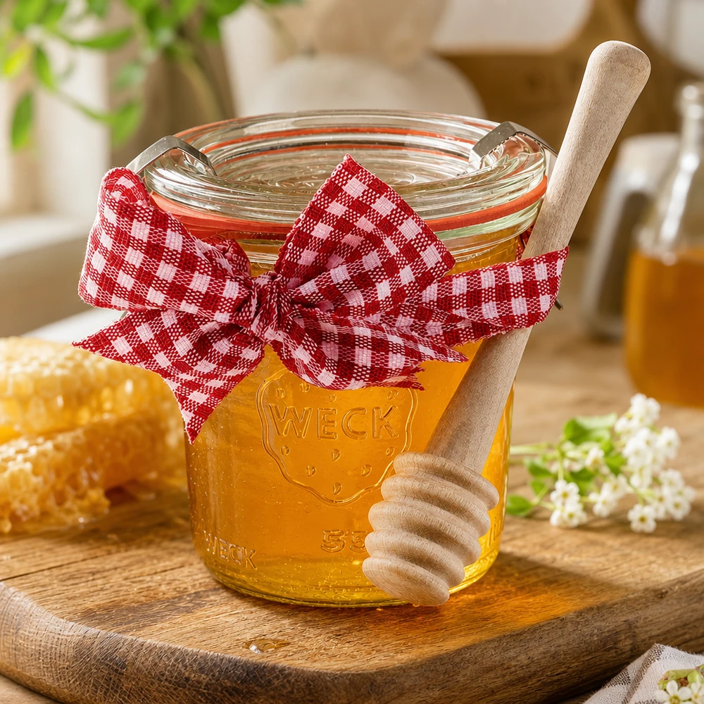 WECK stortglas 140ml compleet met honinglepel en strikje WECK minipot 140ml gevuld met honing rood Vichy ruitje strik houten honinglepel honingraat landhuisstijl