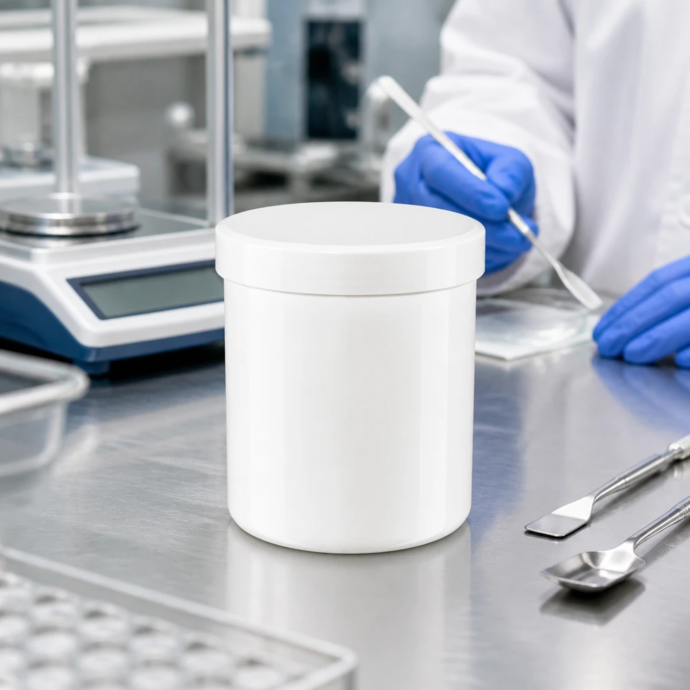 Zalfpot 10 g wit met schroefdeksel wit (PP) Lege witte zalfpot van 10 g met schroefdeksel op een roestvrijstalen laboratoriumwerkblad