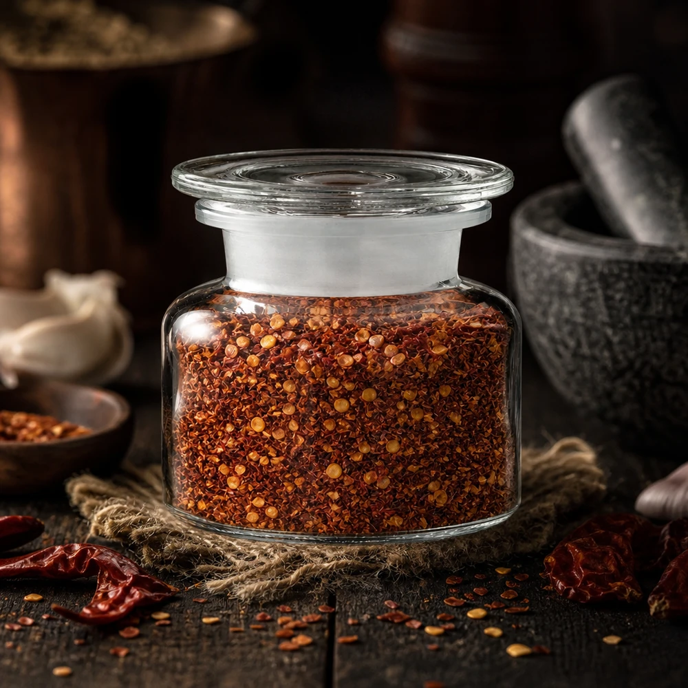 Ronde kruidenpot van helder glas, 100 ml, met chilivlokken en een brede opening om gemakkelijk te vullen
