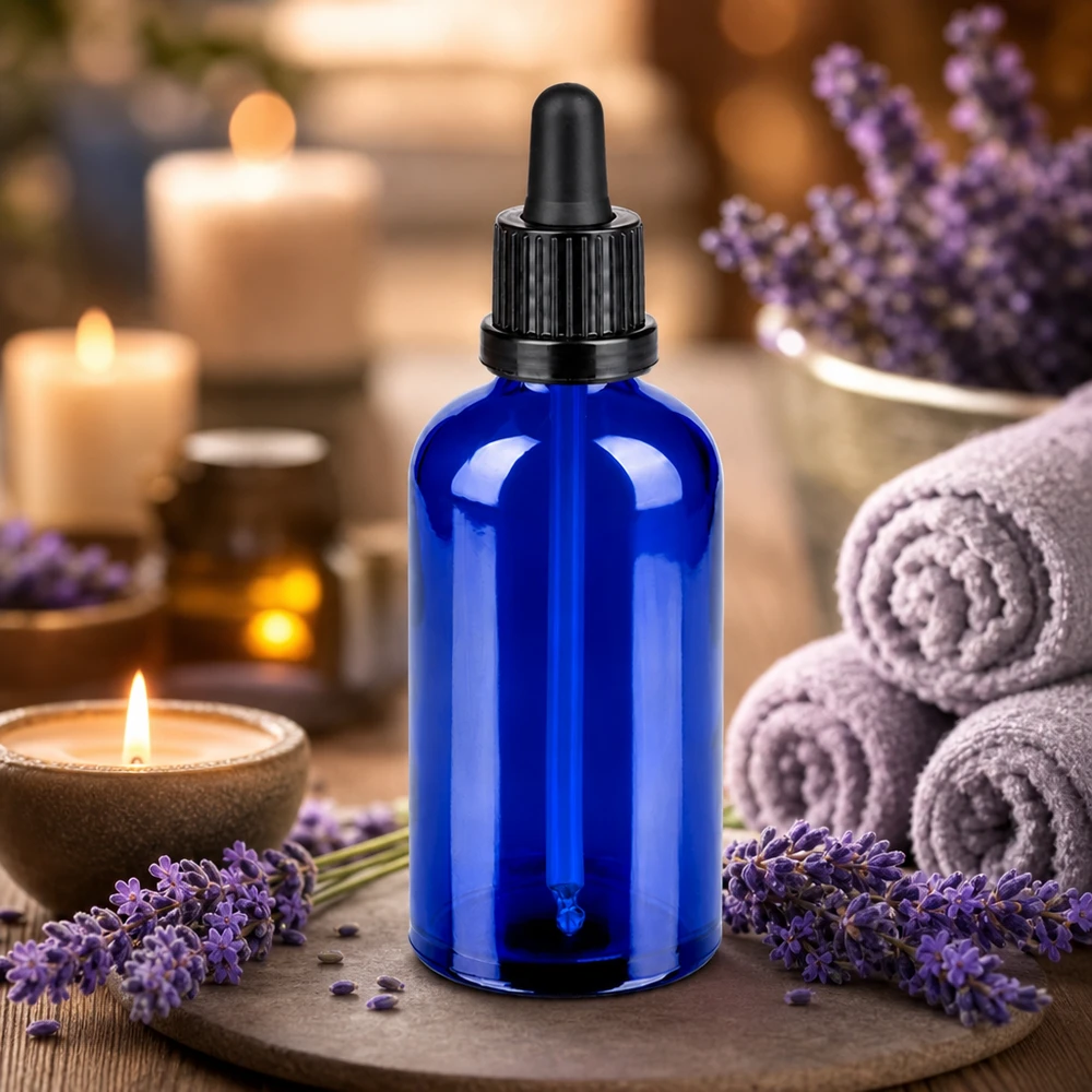 100ml pipetfles zwart OV BlueLine UT18/100 Premium 100ml druppelfles van blauw glas met anti-slip zwarte dop