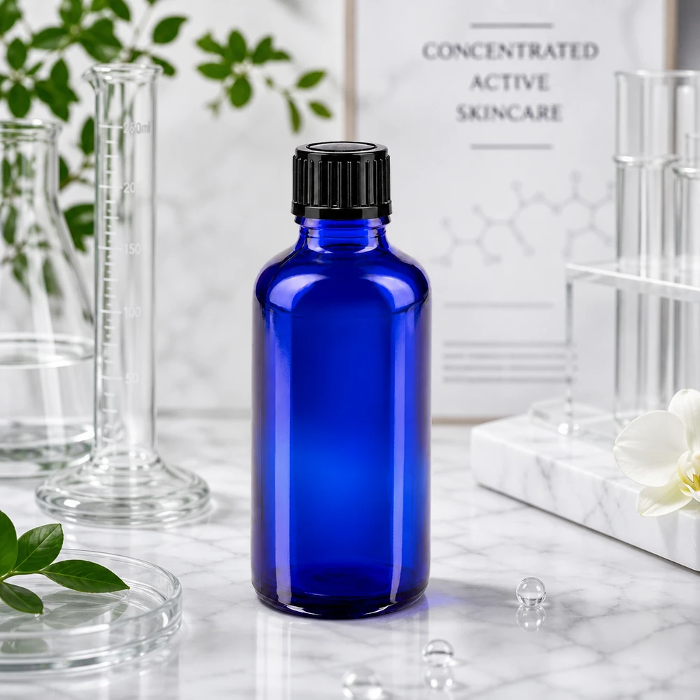 Blauwe glazen flessen 50ml met zwart schroefsluiting St Blauwe apothekersfles van borosilicaatglas, 50 ml, met kindveilige zwarte dop (standaard)