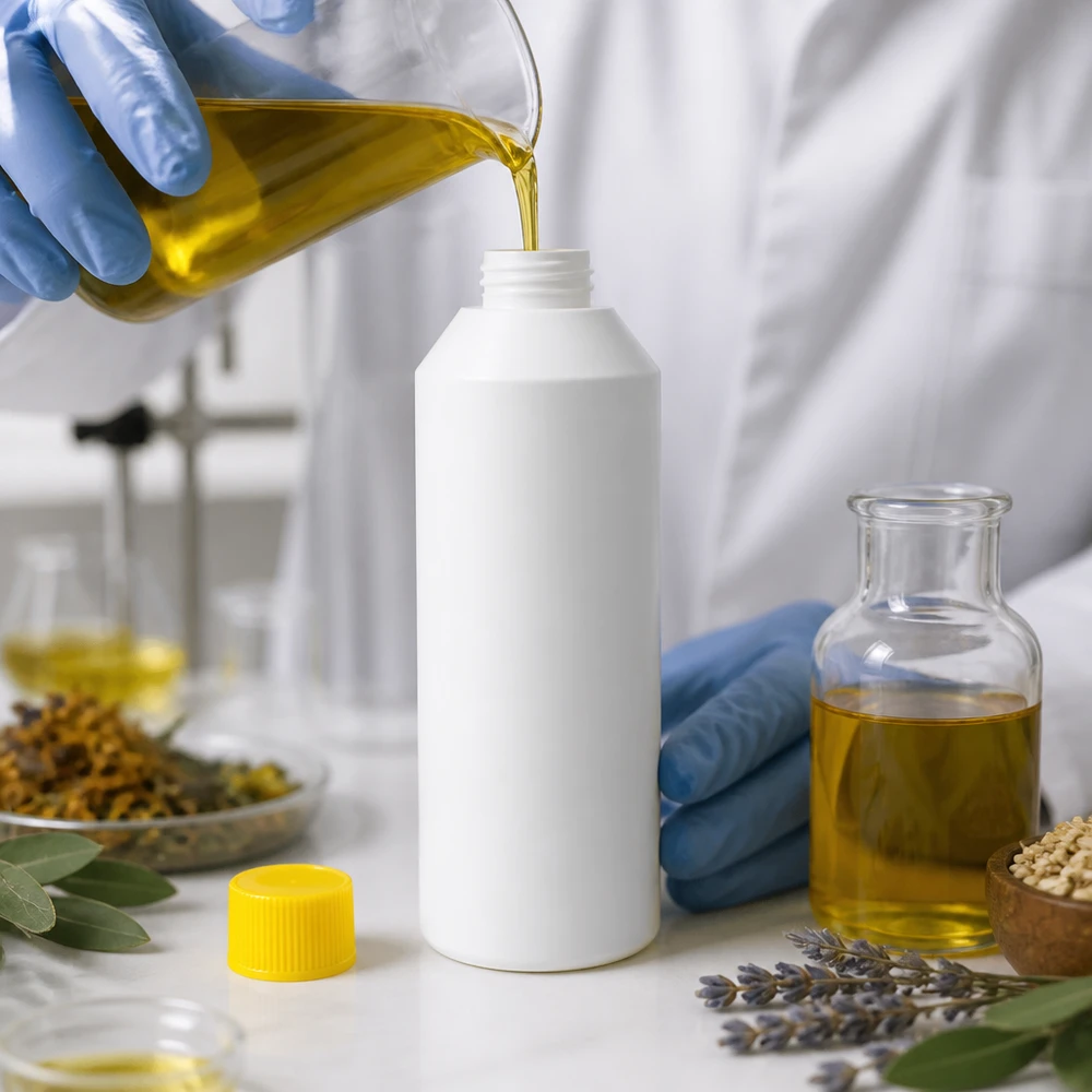 PET cilinderfles 250ml wit met schroefsluiting geel Witte medicijnfles van 250 ml van HDPE met gele dop, naast lavendel en een glazen flesje