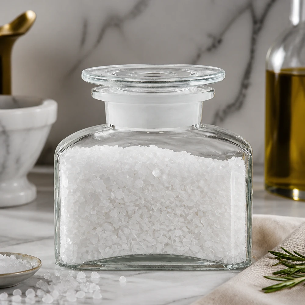 Apothekersfles met brede opening en een platte glazen stop, gebruikt als decoratieve zoutvaas