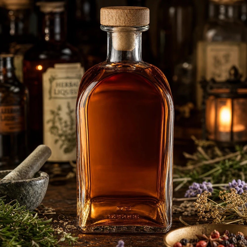 500 ml apothekersfles Julia met houten handvat en kurk UNiTWIST® 500ml Julia glazen fles met houten kurk gevuld met kruidenlikeur in een oude apotheek tussen vijzel en geneeskrachtige kruiden