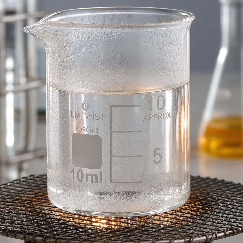 UNiTWIST laboratoriumbeker van glas, 10 ml, bij verhitting op een draadrooster met zichtbare warmtebron