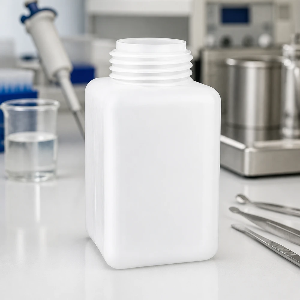Chemicaliënfles 1000 ml, wijde hals Rechthoekige PE-HD-fles voor chemicaliën, 1000 ml, met brede hals en stevige bodem voor veilige opslag