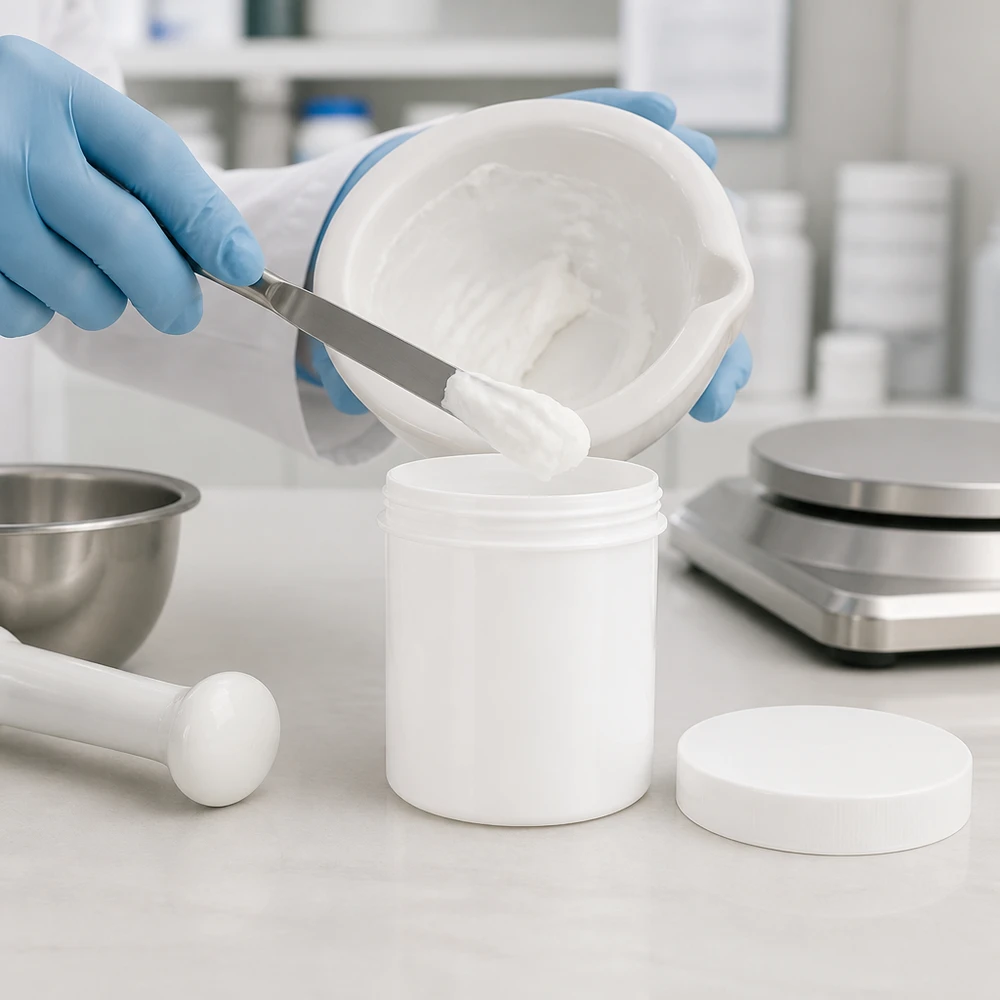Het vullen van een witte zalfpot van 100 g PP in het laboratorium met een spatel en een porseleinen schaaltje