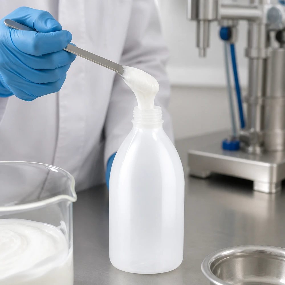 Laboratoriumfles met smalle hals van 1000 ml naast een bekerglas met een witte emulsie in het laboratorium