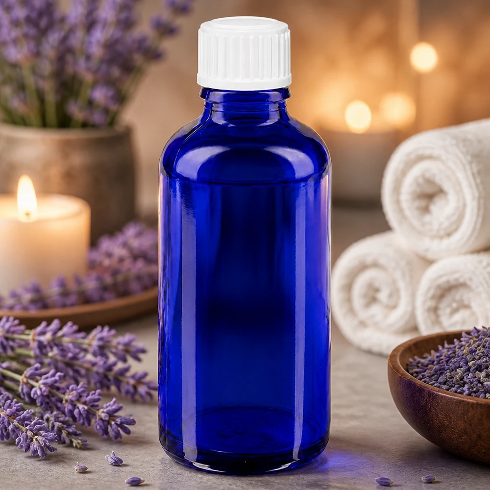 Blauwe ApoGlas-fles van 50 ml met nauwkeurig druppelmondstuk van 0,9 mm voor aromatherapie en farmacie