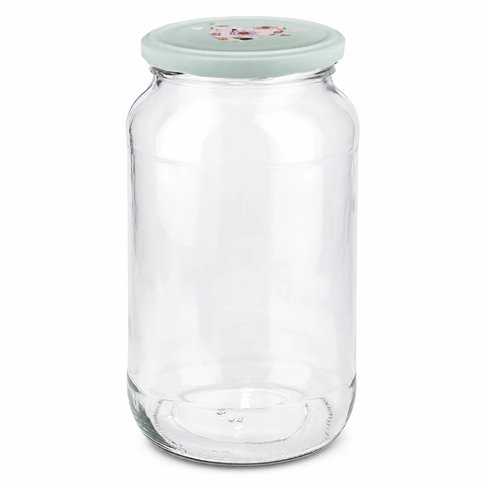 Ronde pot van 1062 ml + BasicSeal-deksel met muntmotief UNiTWIST Ronde pot 1062ml met mintgroen BasicSeal deksel en hartjesmotief voor conserveren en bewaren
