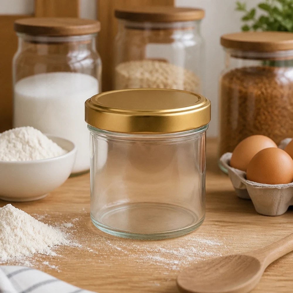 230ml cilindrische pot met BasicSeal deksel goud UNiTWIST 230 ml cilinderpot met gouden BasicSeal deksel in keukensetting met bloem, eieren en voorraadpotten Bakaccessoires