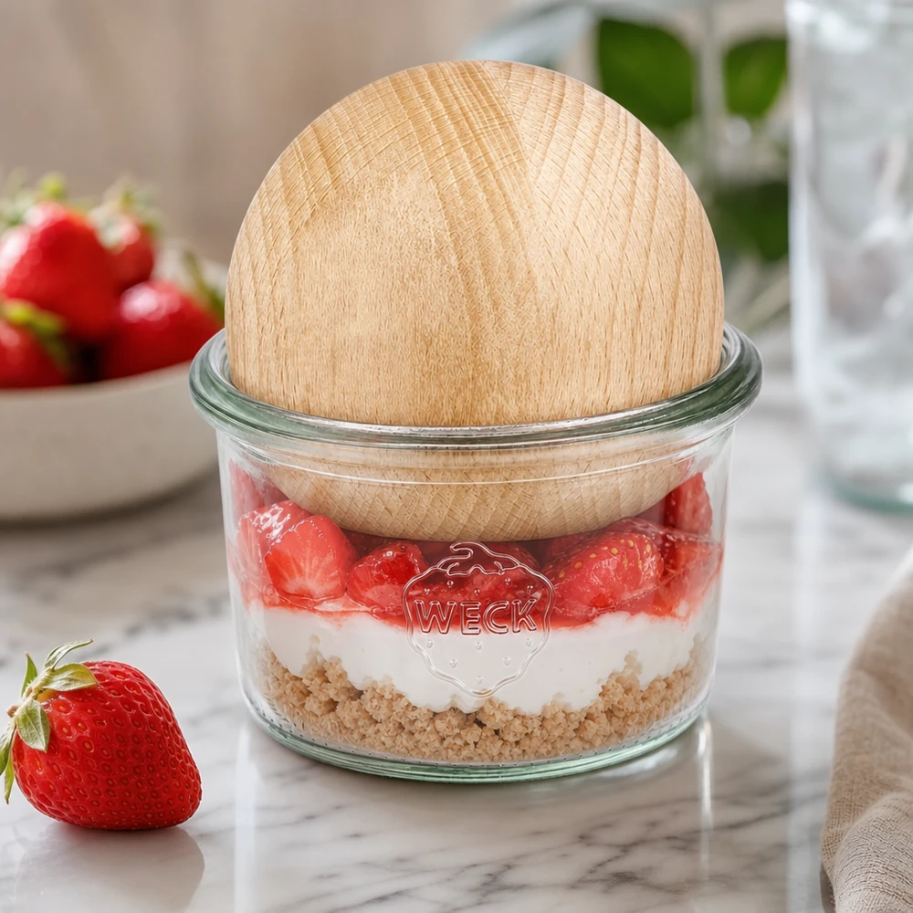 WECK bekers 200ml RR80 met beuken bol als dessertpot voor aardbeien gelaagd dessert op een marmeren tafel
