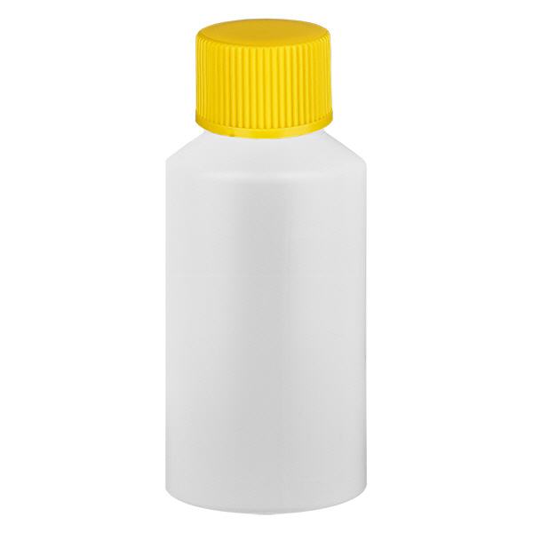 PET cilinderfles 50ml wit met schroefsluiting geel PET cilinderfles 50ml wit met schroefsluiting geel