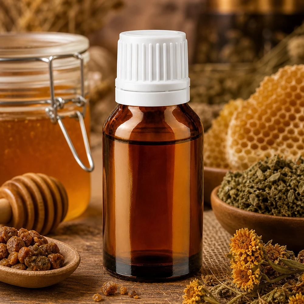 Bruine glazen fles 30ml met wit schroefsluiting VR Bruine glazen druppelfles van 30 ml met een witte kindveilige sluiting voor propolis
