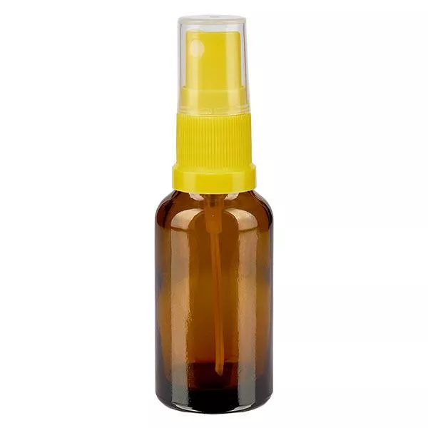 Bruin glazen flessen 20ml met geel pompverstuiver Bruin glazen flessen 20ml met geel pompverstuiver