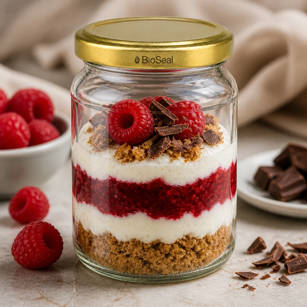 205ml rond glas met BioSeal deksel goud UNiTWIST UNiTWIST Runda205 pot gevuld met gelaagd dessert frambozencrème biscuitbodem gouden TO58 BioSeal dop
