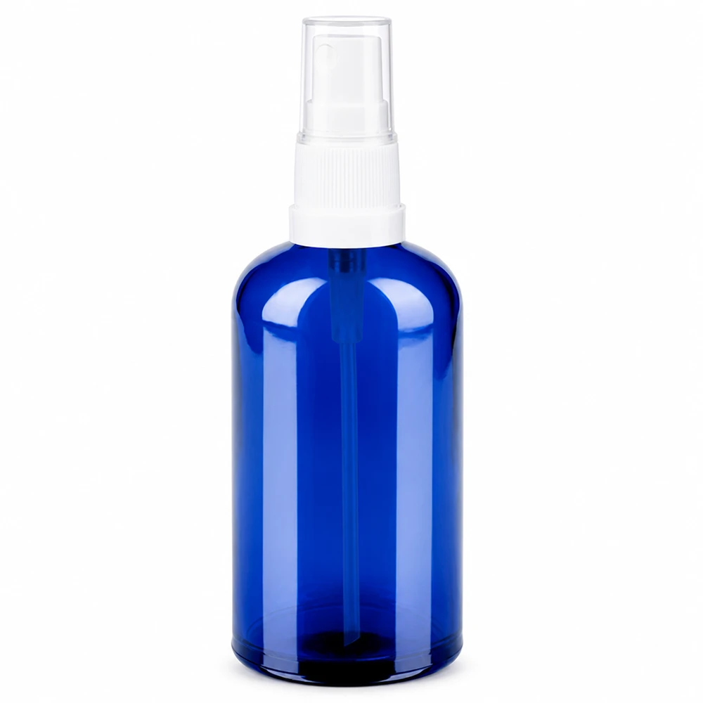 100ml sprayflacon wit/tr. STD BlueLine UT18/100 100ml blauwe glazen fles met witte sproeikop voor cosmetica en aromatherapie