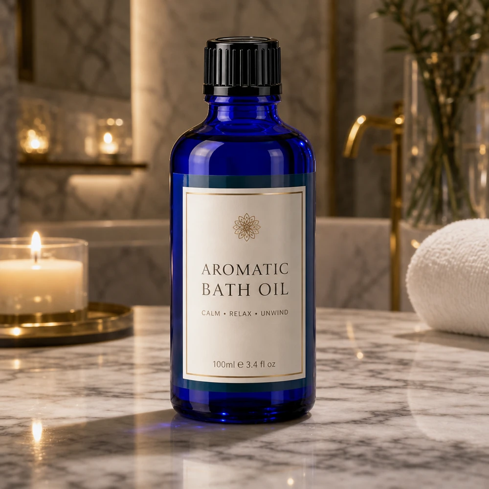 Blauwe apothekersglasfles met zwarte druppeldop, ideaal voor aromatische oliën en wellnessproducten