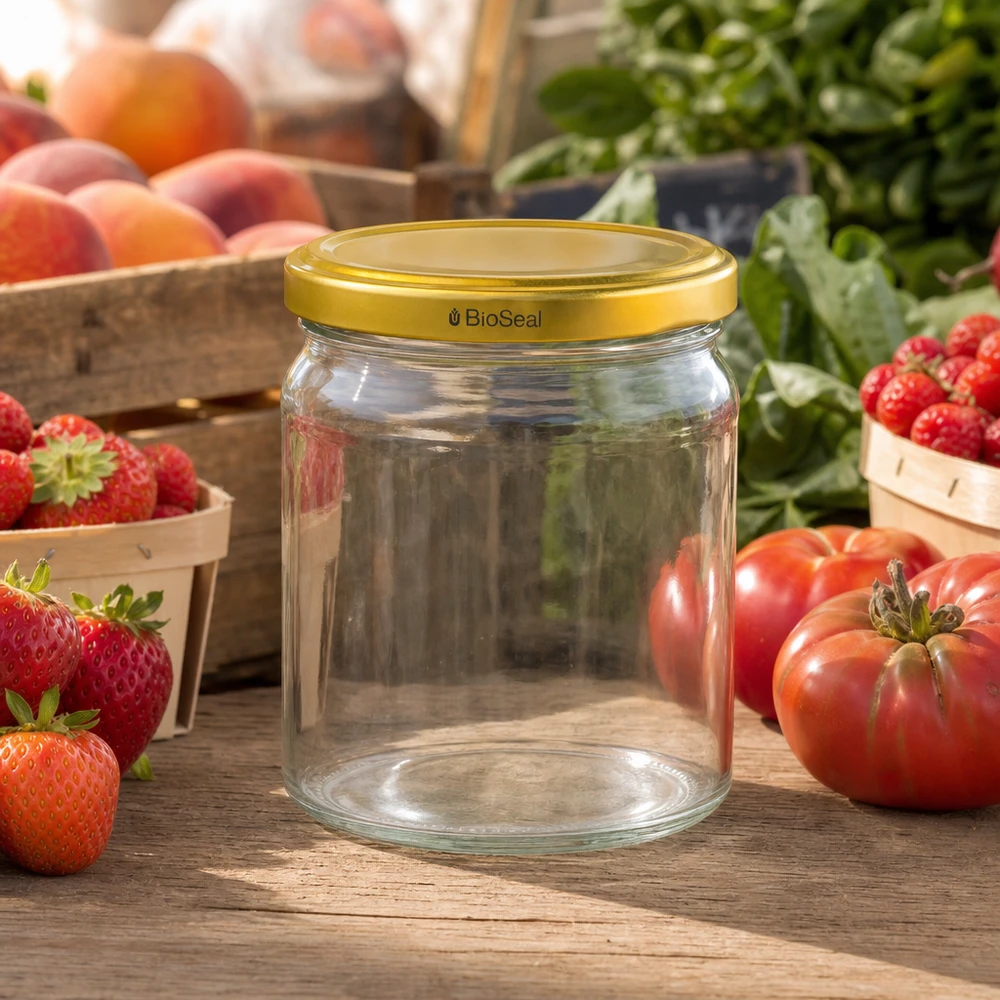 UNiTWIST Runda408 lege inmaakpot met gouden BioSeal deksel tussen verse aardbeien en tomaten op een houten tafel