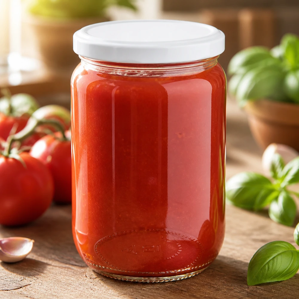 555 ml rond glas + BasicSeal-deksel wit UNiTWIST 555 ml UNiTWIST-bewaarpot gevuld met tomatensaus, met knoflook en verse basilicum erbij