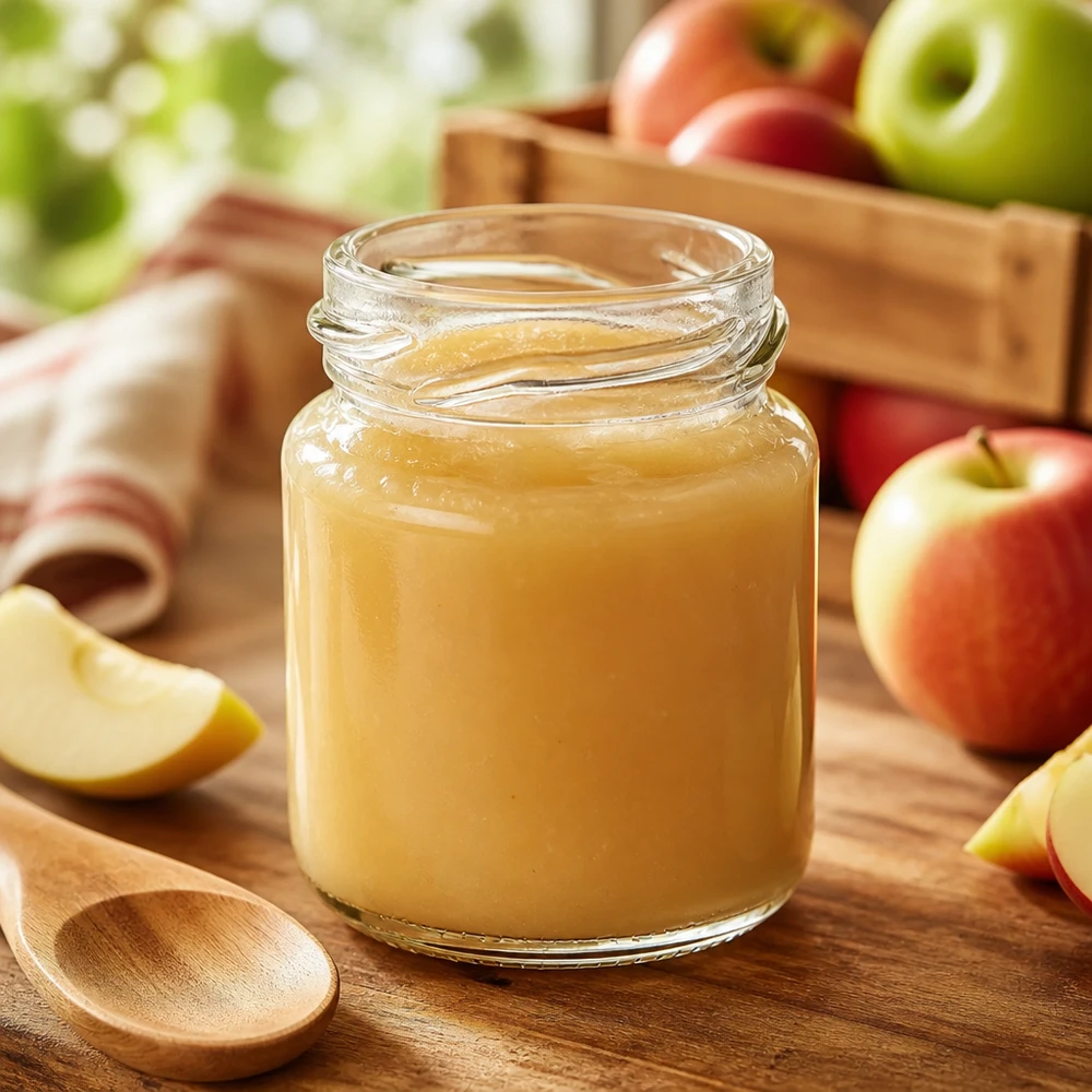 Doorzichtig rond glas Runda53 van 53 ml met daarin goudgele appelmoes, een houten lepel en appelschijfjes