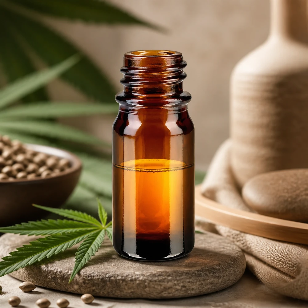 5ml bruin apothekersflesje ApoGlas met cannabisblad hennepzaad en bamboe decoratie voor CBD olie