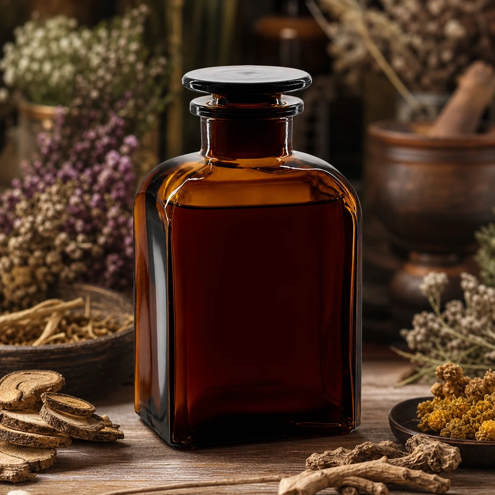 Vierkant-apothekersfles 500 ml wijde hals bruin glas incl. glazen stop Klassieke apothekersfles van 500 ml, vierkant, bruin, met platte stop voor etherische oliën
