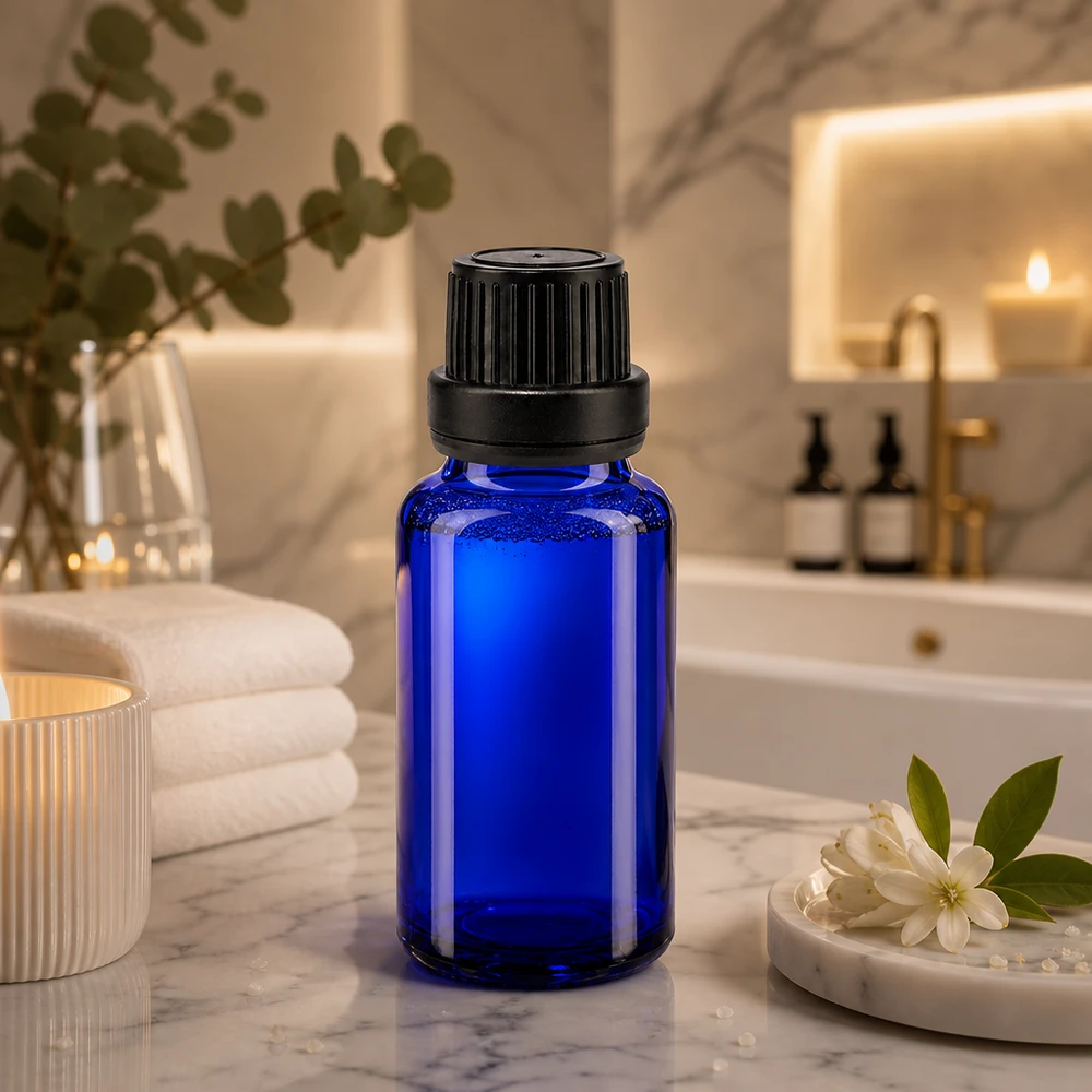 Blauwe glazen flessen 20ml met zwart druppelsluiting 2mm VR Blauw medicijnflesje van hoogwaardig ApoGlas met kindveilige sluiting in een wellness-sfeer