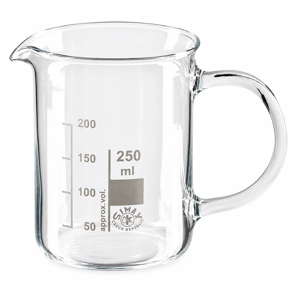 Simax-beker van 250 ml met handvat voor laboratorium, keuken en thee, vervaardigd uit hoogwaardig borosilicaatglas