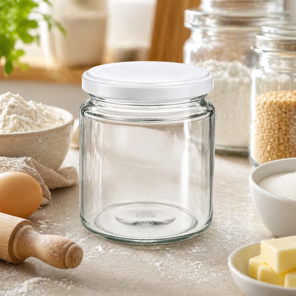 250ml honingpot leeg met wit UNiTWIST deksel in bakkamer tussen bloem, eieren en bakgerei
