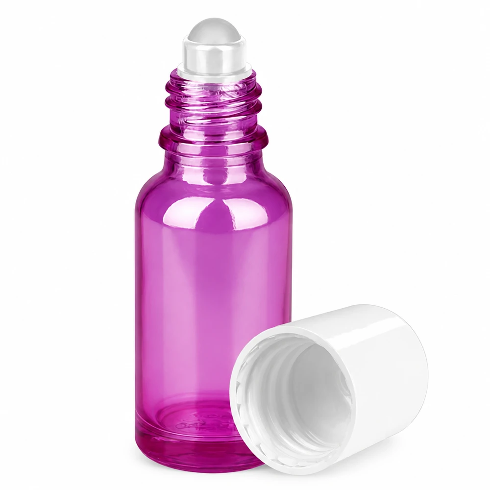 20ml rolfles wit standaard PurpleLine UT18/20 Professionele glazen fles van 20 ml met roll-on dop in glanzend paars
