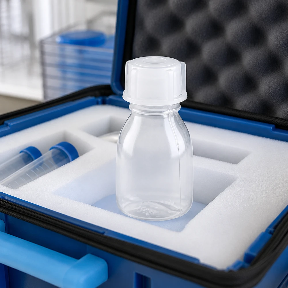 Nauwe hals laboratoriumfles 10ml met schroefsluiting Laboratoriumflesje van 10 ml met smalle hals in een gevoerde transportkoffer, naast centrifugebuisjes en laboratoriumbenodigdheden