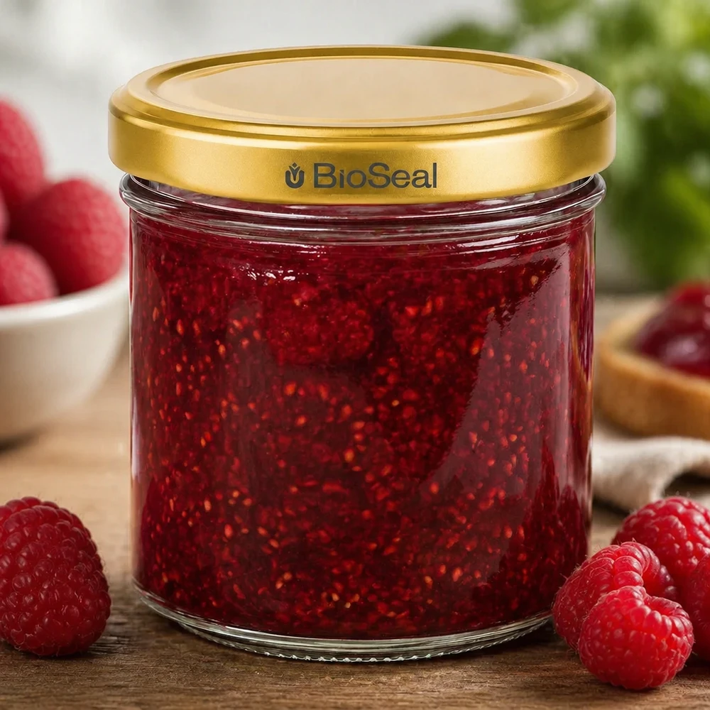 Honingpot 200 g met gouden BioSeal UNiTWIST-deksel BioSeal 200g jampot gevuld met frambozenjam omringd door verse frambozen op een houten basis