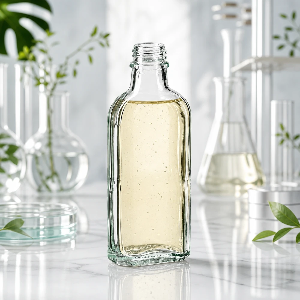 100 ml witte meplatfles met DIN 22 monding Doorzichtige rechthoekige fles van 100 ml, type DIN22, met natuurlijke cosmetische ingrediënten op de achtergrond