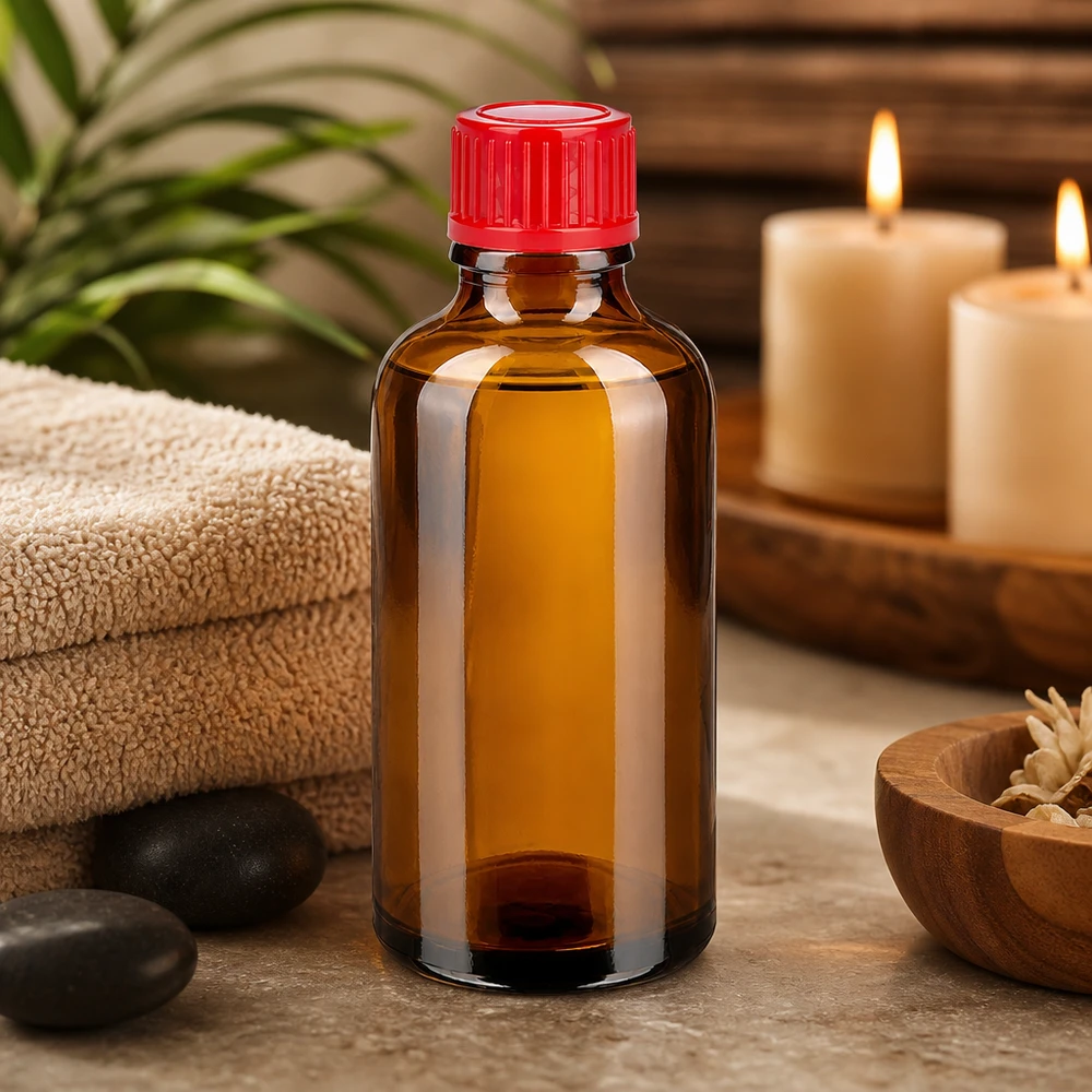 Robuuste laboratoriumfles van 50 ml met rode dop, ideaal voor actieve ingrediënten en essences