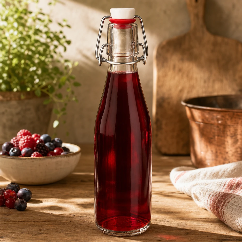 Glazen fles van 250 ml + zwenktop porseleinen UN... 250ml Glasflasche mit Bügelverschluss gefüllt mit rotem Beerensaft, dekoriert mit frischen Beeren in rustikaler Küche
